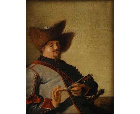 Attributed to Dirck Hals (Dutch, 1591-1656) Portrait of an officer in militia uniform, half-length seated, holding a clay pip