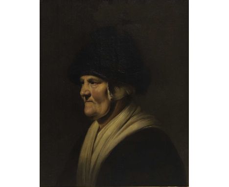 Manner of Rembrandt Portrait of an old woman, bust-length in profile, in a black woollen hat and white shawloil on panel55 x 