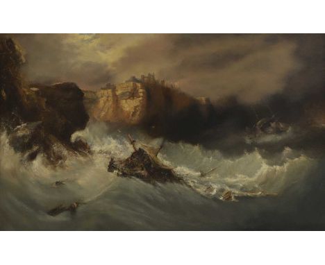 William Widgery (1826-1893)  A shipwrecked boat in rough seas with Tintagel Castle, Cornwall, beyond oil on canvas  77 x 123c