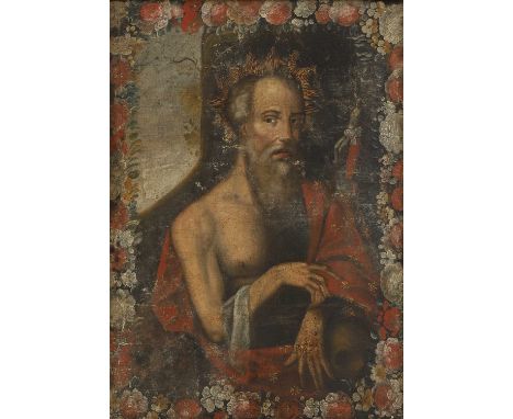 Spanish Colonial School, 17th century St Jerome oil on canvas, with a painted border of flowers 82 x 58.5cm, in a foliate car