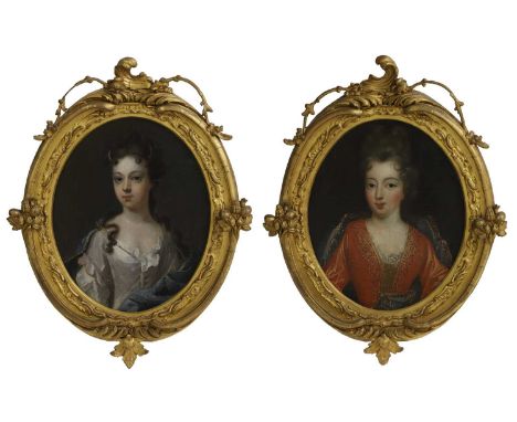 Follower of Nicolas de Largillière  Portrait of a young lady, half-length in a gold-embroidered red dress and blue wrap; Port
