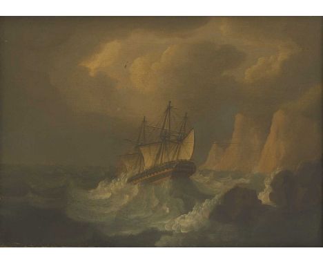 Circle of Thomas Buttersworth (1768-1842) A ship in a storm off a rocky coast oil on canvas23 x 30.5cmCondition ReportOverall
