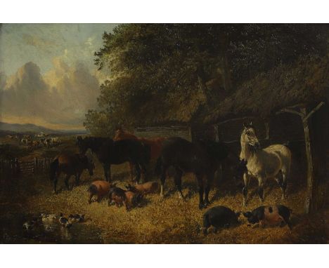 John Frederick Herring Jnr (1815-1907) Horses, pigs and ducks in a farmyardsigned 'J. F. Herring' l.r. (on post), oil on canv