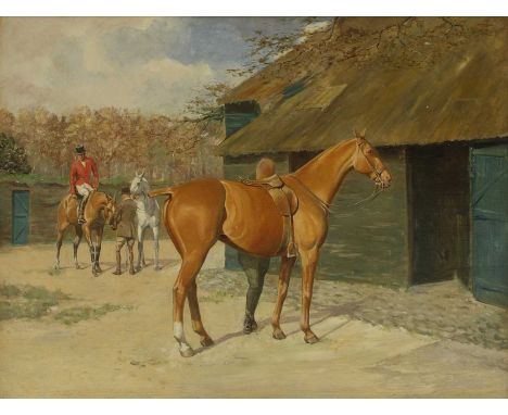 Ayerst Young (early 20th century) After the hunt, horses by a stable oil on canvas51 x 66.5cmCondition ReportOverall: 58 x 73