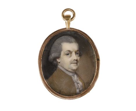 George Engleheart (1750-1829) Portrait of a man, bust-length, in a brown coat and white stocksigned with initials 'G. E.' l.r
