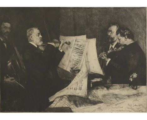 Ferdinand Schmutzer (Austrian, 1870-1928) 'The Joachim Quartet playing Beethoven'etching, 1904, signed and inscribed in penci