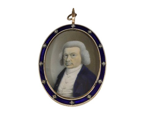 English School, mid-18th century Portrait of a gentleman, half-length, in a blue coat and white waistcoat and stockminiature 