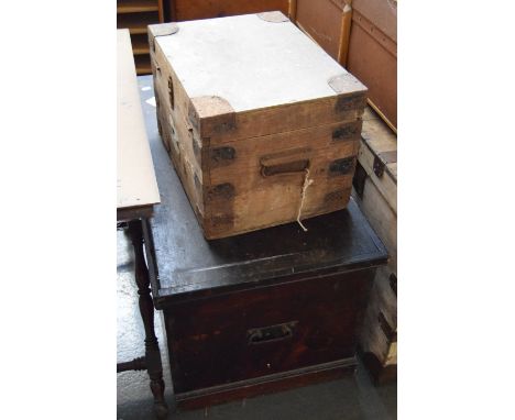 A Victorian pine box with iron bindings 45 x 30 x 33cm together with a Victorian stained pine trunk 90 x 46 x 46cm