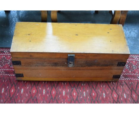 A vintage pine toolbox with metal strappings and handles, two removable pine trays and various tools to include drill bits, w