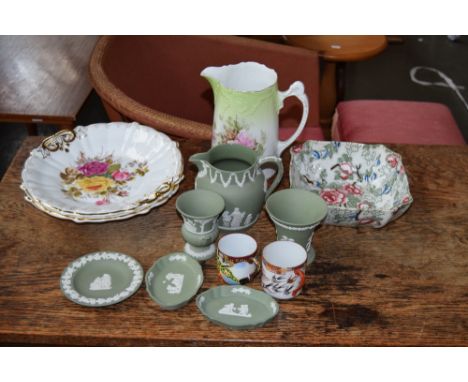 A collection of china including Wedgwood jasperware (green ground), a Brentleigh ware candle stich with loop handle and beige