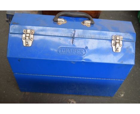 A Draper metal blue toolbox with folding internal trays including a number of  tools, wrenches and other items
