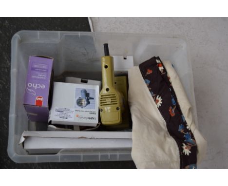 A box of taps, electric sander, floodlight and other items
