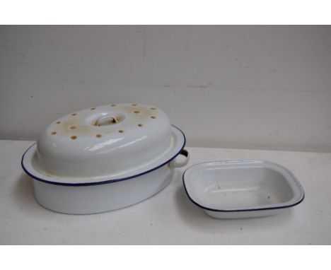 A mixed lot to include Aster K & Co., Pyrex and various white enamel dishes