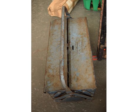 A Tarlco metal toolbox with folding internal trays including a number of  tools