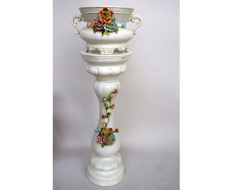 A large ceramic pot stand and matching planter with applique flowers marked 'Bassano,Italy' on base 78cmH