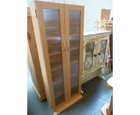 A modern cabinet with five internal shelves and double doors 128 x 51 x 18cm together with a pine dresser top with glazed doo