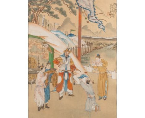 DARSTELLUNG: AMTSENTHEBUNG EINES KRIEGERS China, 19. Jh. Farben und Tusche auf Seide. SM. 46,5 cm x 35 cm. R. 65,5 cm x 53,8 