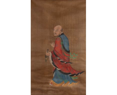 MALEREI: DARSTELLUNG EINES LOHANS China/Japan, 18./19. Jh. Polychrome Bemalung auf Papier. SM. 73 cm x 42,5 cm, R. ca. 112 cm