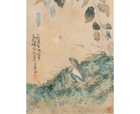 AQUARELLIERTE LITHOGRAFIE: FROSCH China, um 1900 Farben und Tusche auf Papier. SM. 29,3 cm x 23 cm. R. 44 cm x 39 cm. Bez. 'J