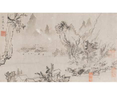TUSCHEMALEREI: LANDSCHAFTLICHE DARSTELLUNG China, um 1900 Tusche, Kalligrafie. SM. 20 cm x 33.5 cm, R. 36.8 cm x 52 cm. Bez. 