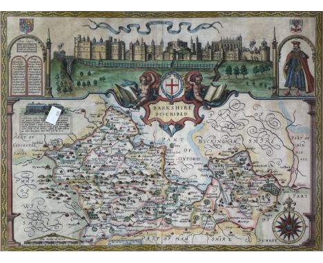 JOHN SPEED. 'Barkshire Described.' Hand coloured engraved map, panorama of Windsor Castle, double sized, framed and glazed, c