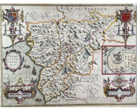 JOHN SPEED. 'Merionethshire Described 1610.' Hand coloured copper engraved, Englisg text to verso, framed and glazed, 1627, a