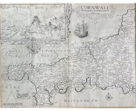 CHRISTOPHER SAXTON and WILLIAM KIP. 'Cornwall olim pars Danmoniorum.' Engraved map, inset view of Launceston, framed and glaz