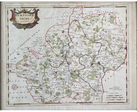 ROBERT MORDEN. 'Hertfordshire.' Partially hand coloured, engraved map, folds, good to very good, framed and glazed, approx 39