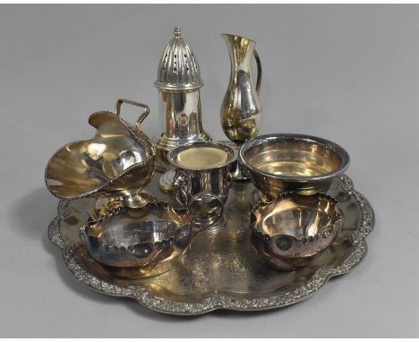 A Collection of Various Silver Plated Items to comprise Shifter, Helmet Shaped Sugar Bowl, Tray Etc 