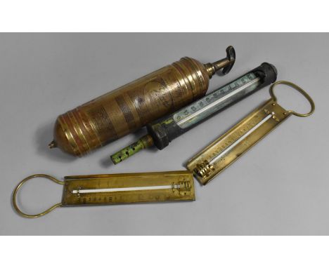 A Vintage Brass Cased Fire Extinguisher, Two Jam Thermometers and a Steam Engine Thermometer 