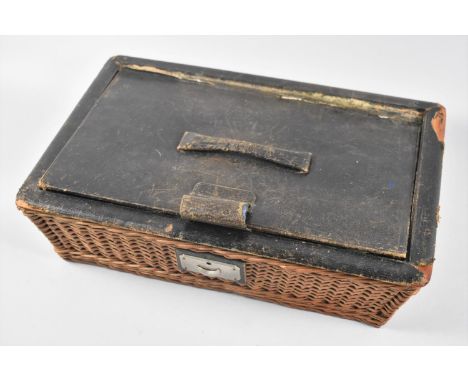 A Vintage Wicker Sewing Box with Hinged Rectangular Leather Lid Containing Manicure Tools, 37cms Wide 