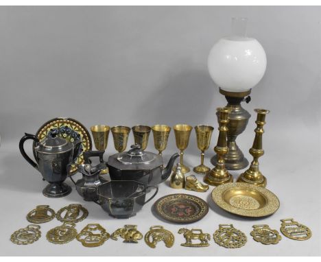 A Collection of Various Metawares to comprise Four Pieces Silver Plated Tea Service, Goblets, Oil Lamp, Horse Brasses Etc 