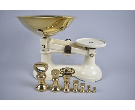 A Cream Painted Viking Kitchen Scale with Brass Pan and Set of Bell Weights 