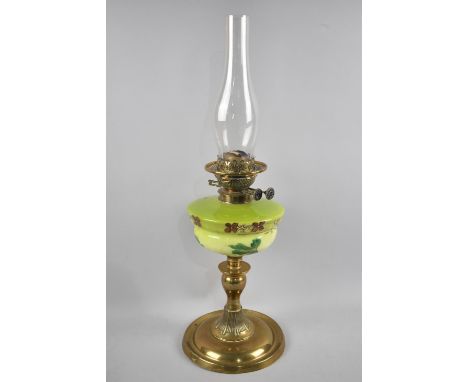A Late 19th/Early 20th Century Brass Oil Lamp with Enamelled Opaque Glass Reservoir decorated with Flowers, Duplex Controls I