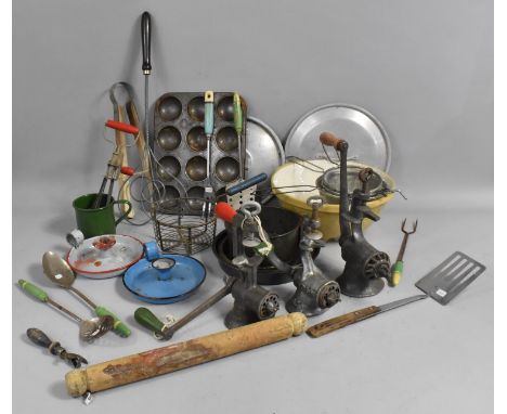 A Collection of Various Vintage Kitchenalia to include Meat Grinder, Enamelled Items, Mixing Bowl Sieves Etc 
