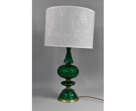 A Mid 20th Century Brass and Green Glass Table Lamp and Shade, Overall Height 65cms 