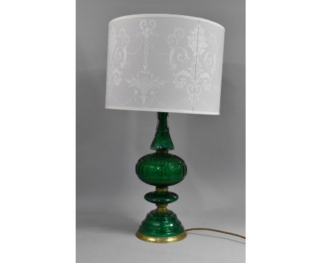 A Mid 20th Century Brass and Green Glass Table Lamp and Shade, Overall Height 65cms 