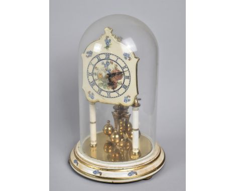 A 1950s Enamelled Brass Pillar Clock under Glass Dome, 23cms High 