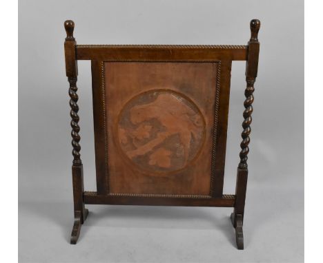An Edwardian Oak Barley Twist Firescreen with Tooled Leather Parrot Panel, 64cm wide 
