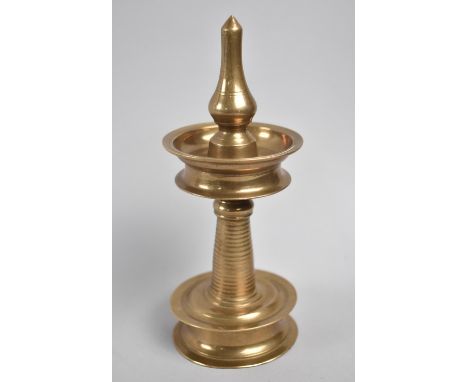 A Circular Bronze Oil Lamp, Top Section which Unscrews to become Base Stand, 17cms High 