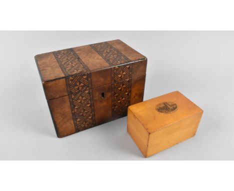 A Late 19th Century Walnut Two Division Tea Caddy with Banded Inlay together with a Mauchline Ware Puzzle Money Box for Oswes