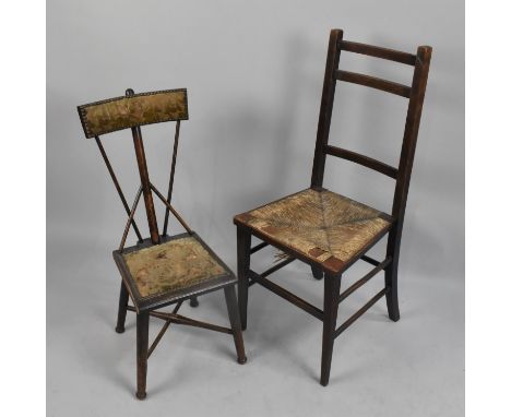 A Small Rush Seated Ladder Back Chair and an Upholstered Child's Chair, Both in Need of Restoration 