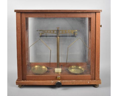 A Mid 20th Century Cased Set of Brass Mounted Scientific Pan Scales, 45cms Wide, in Need of Some Attention 