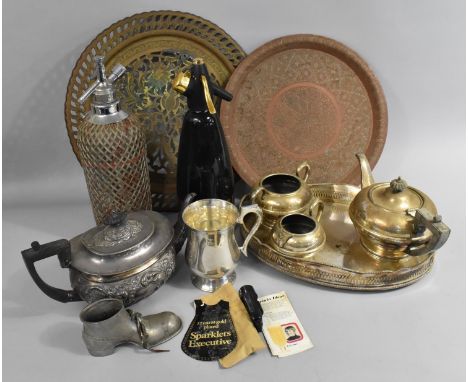 A Collection of Various Metalwares to comprise Galleried Tray, Three Piece Service, Soda Syphons, Clock (AF) 