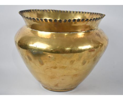 A Large Brass Circular Planter with Pie Crust Border, 28cms Diameter 