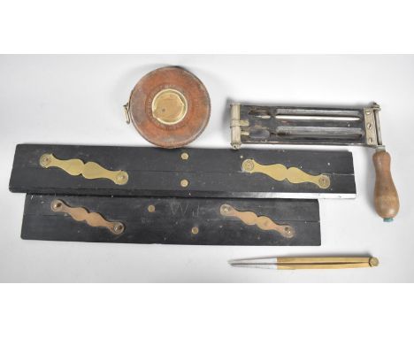Two Parallel Rules, Leather Covered Metal Tape Measure and a Wind Thermometer 