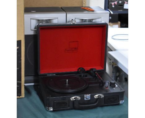 A Pair of Sharp Two Way Speakers and a Portable Record Player 