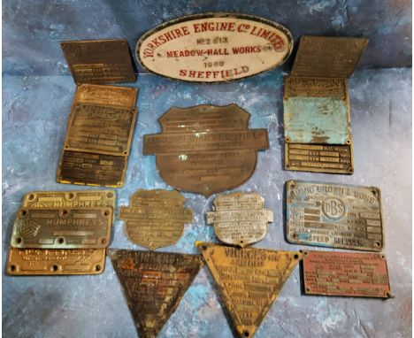 A collection of stamped metal electric motor nameplates, 1930s-1960s and including Lancashire Dynamo, David Brown &amp; Sons,