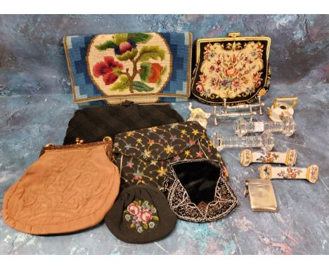 An early 20th century tapestry bag, embroidered with flowers and foliage, 24cm wide, c.1920;&nbsp; &nbsp;others, various;&nbs