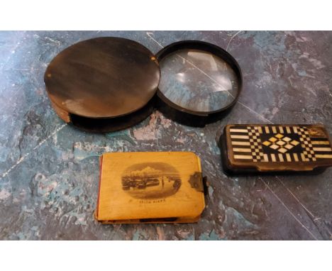 A Victorian Mauchline Ware note book, the cover with Leith Piers, 7cm wide, c.1860;&nbsp; &nbsp;a horn note book;&nbsp; a lar